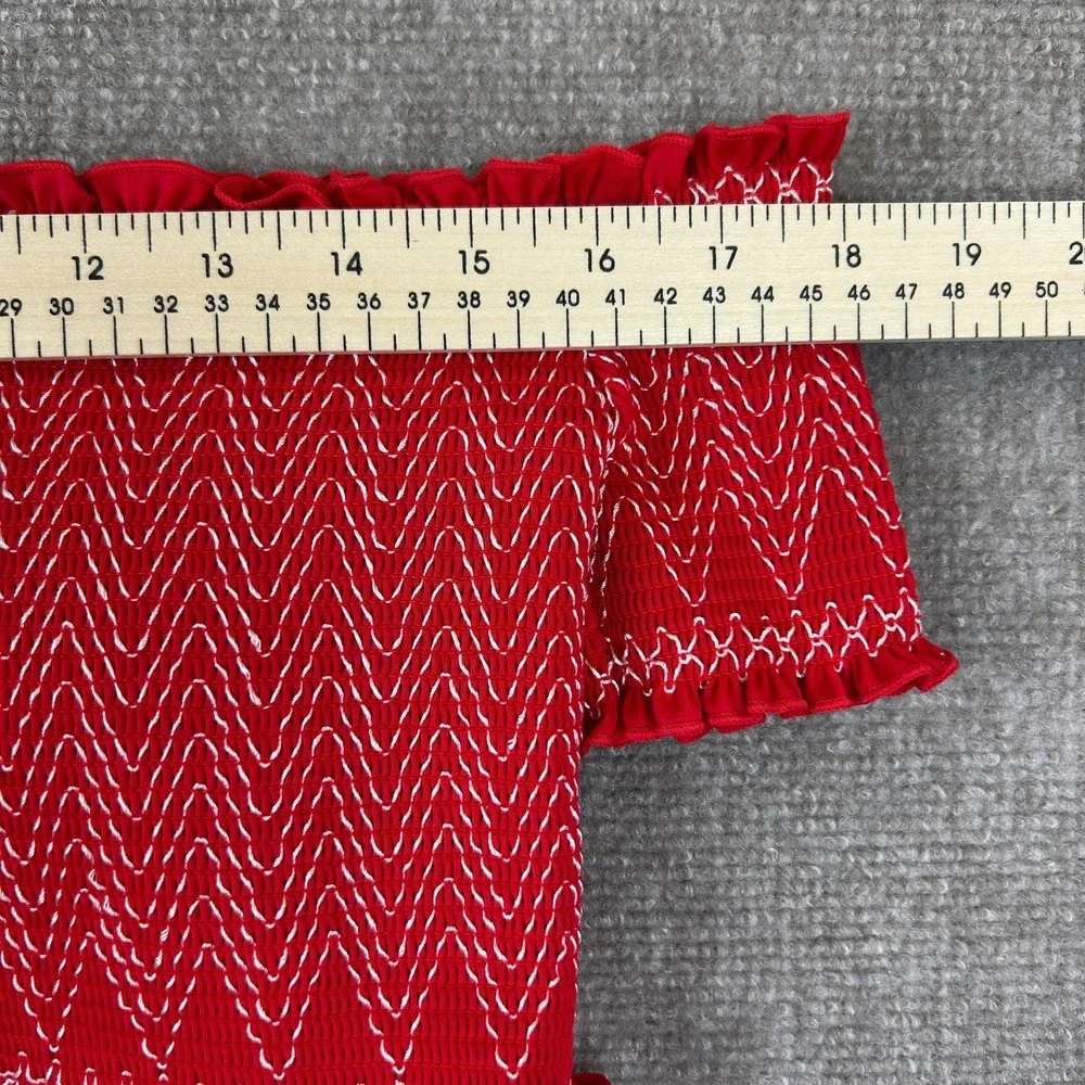 Cider Bikini Top Womens L Red Chevron Smocked‎ Stretch Ruffle Trim Off Shoulder
